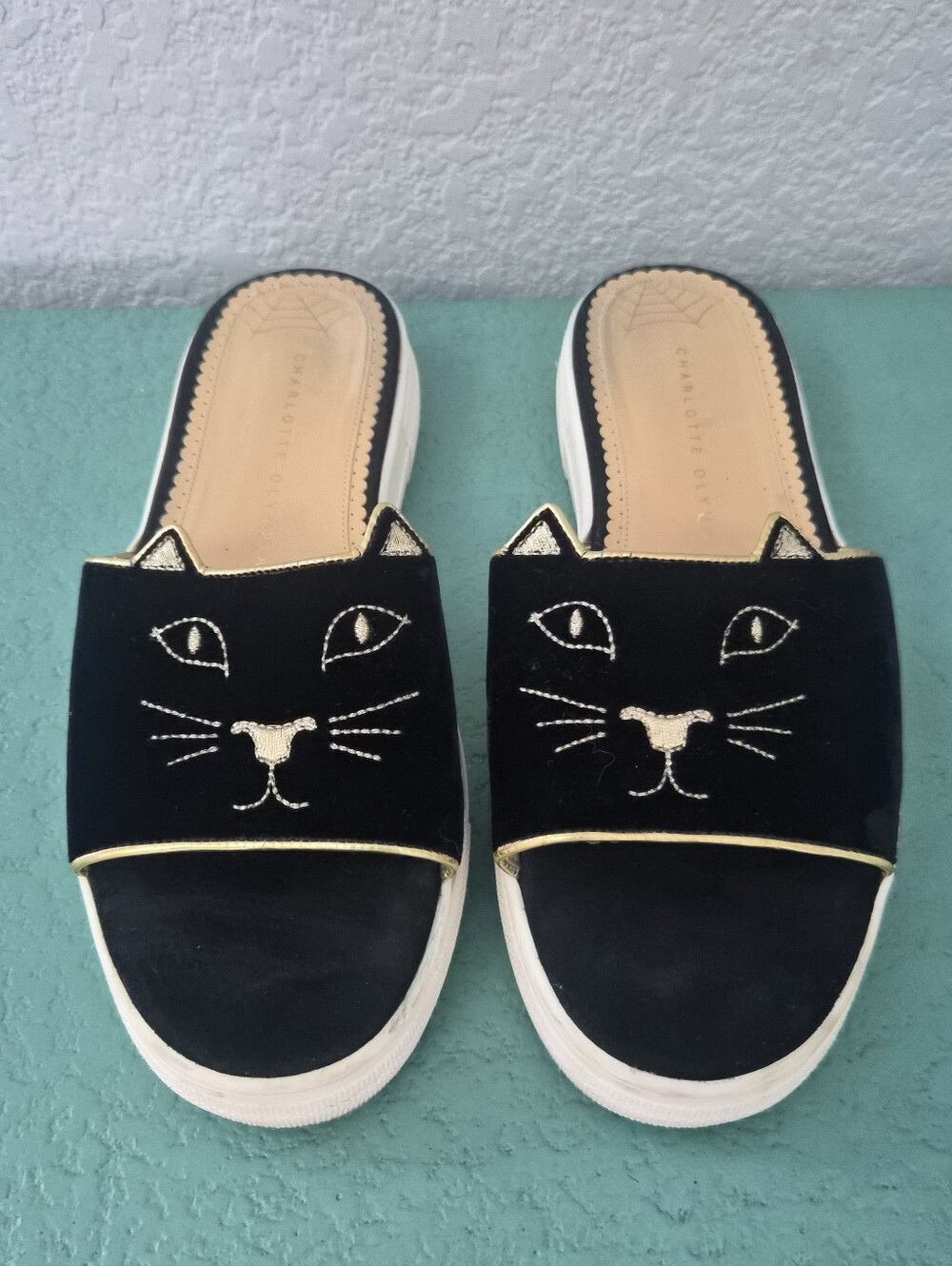 Charlotte Olympia Kitty Cat Black Velvet Platform Slide Sandals Size 8.5